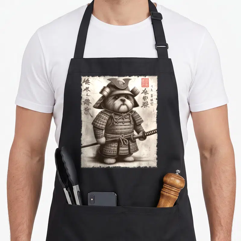 Samurai dog apron - Realistic Shih Tzu in samurai armor with calligraphy and red seal on textured background — shown on a black cotton canvas apron against a white background