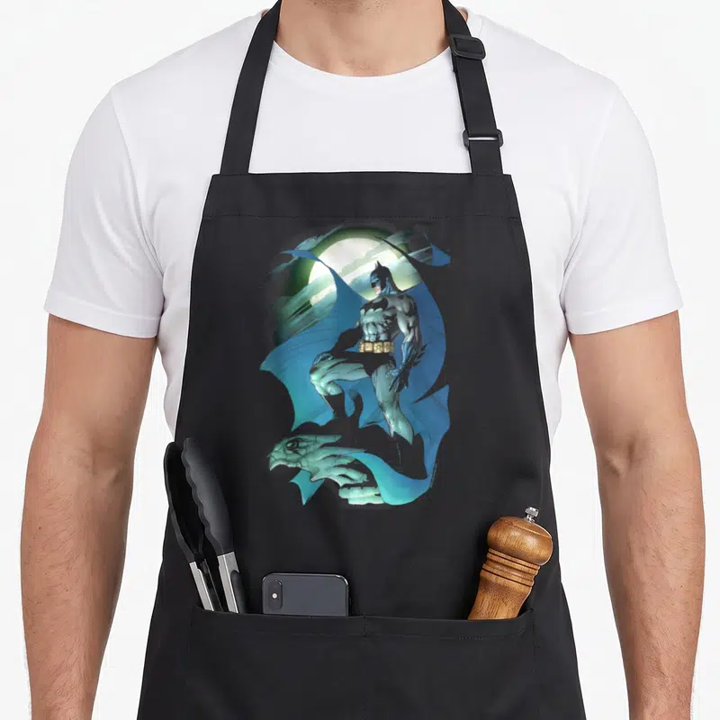 Glow glowing apron - Realistic Batman standing before a moon with a gargoyle at his feet in blue and grey — shown on a black cotton canvas apron against a white background