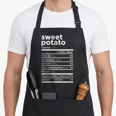 Nutrition potato apron - Grey background with white nutrition label text listing sweet potato calories and vitamins — shown on a black cotton canvas apron against a white background