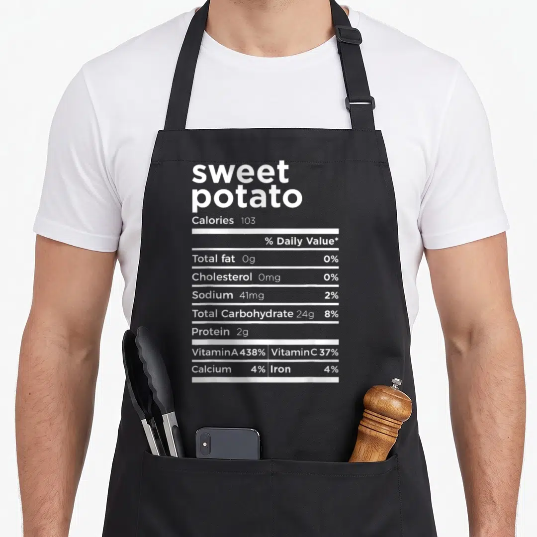 Nutrition potato apron - Grey background with white nutrition label text listing sweet potato calories and vitamins — shown on a black cotton canvas apron against a white background