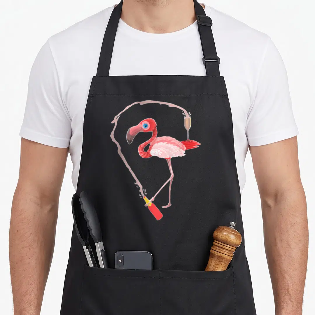 Flamingo champagne apron - Cartoon pink flamingo holding red bottle and balancing champagne glass with yellow foil — shown on a black cotton canvas apron against a white background