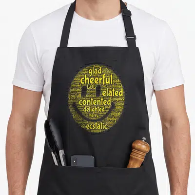 Positive face on apron - Yellow circular word cloud of happy words like glad, cheerful, and ecstatic — shown on a black cotton canvas apron against a white background