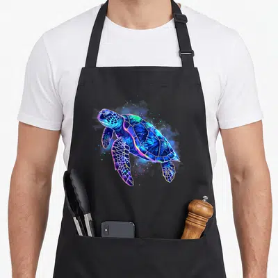 Marine animal apron - Sea turtle illustration with blue, purple, cyan, and yellow watercolor splatters — shown on a black cotton canvas apron against a white background