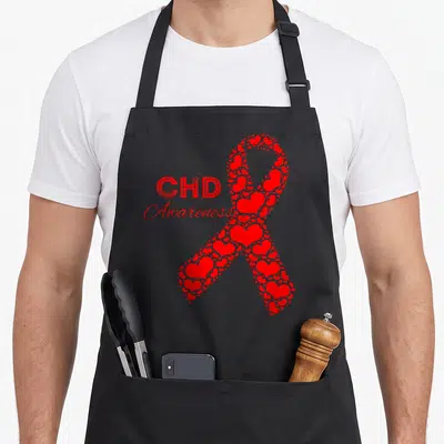 Chd awareness congenital heart defect apron - Red CHD Awareness text beside a ribbon formed by many small red hearts — shown on a black cotton canvas apron against a white background