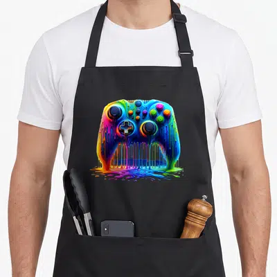 Passion colorful aprons - Game controller melting into dripping blue green yellow red purple paint puddle cartoon style — shown on a black cotton canvas apron against a white background