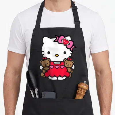 Valentine teddy bear apron - Hello Kitty in red dress holding two brown bears with I love you text on bow — shown on a black cotton canvas apron against a white background