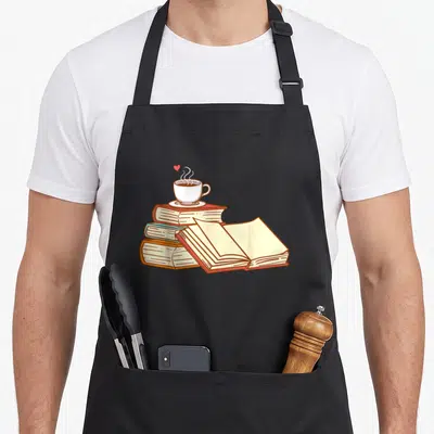 Reader coffee apron - Stack of three books with cup and heart in red yellow blue white cartoon — shown on a black cotton canvas apron against a white background
