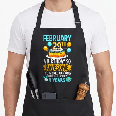 Leapling birthday apron - Cartoon cake with blue and orange balloons, alarm clock, and Earth graphic surrounding — shown on a black cotton canvas apron against a white background