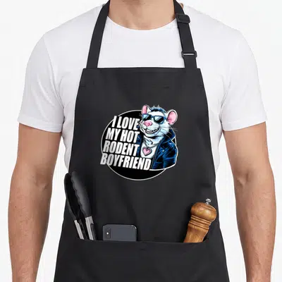 Rodent i love my mouse apron - White rodent in blue sunglasses and jacket with pink heart next to stacked text I LOVE — shown on a black cotton canvas apron against a white background