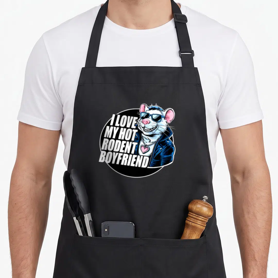 Rodent i love my mouse apron - White rodent in blue sunglasses and jacket with pink heart next to stacked text I LOVE — shown on a black cotton canvas apron against a white background