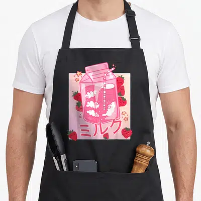 Japanese strawberry apron - Pink milk carton with straw, smiling strawberries, stars, clouds, and Japanese text meaning — shown on a black cotton canvas apron against a white background