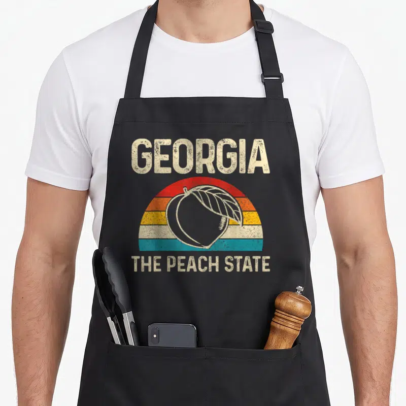 Georgia peach state pride apron - Retro peach over striped sunburst with Georgia The Peach State text — shown on a black cotton canvas apron against a white background