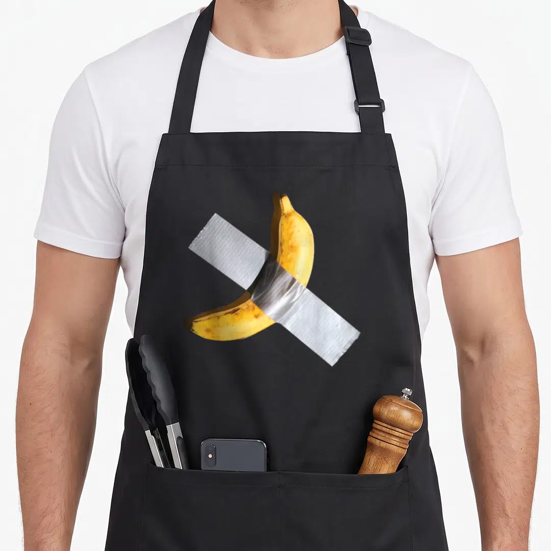Banana designer apron - Yellow banana secured with diagonal silver duct tape in photo style — shown on a black cotton canvas apron against a white background