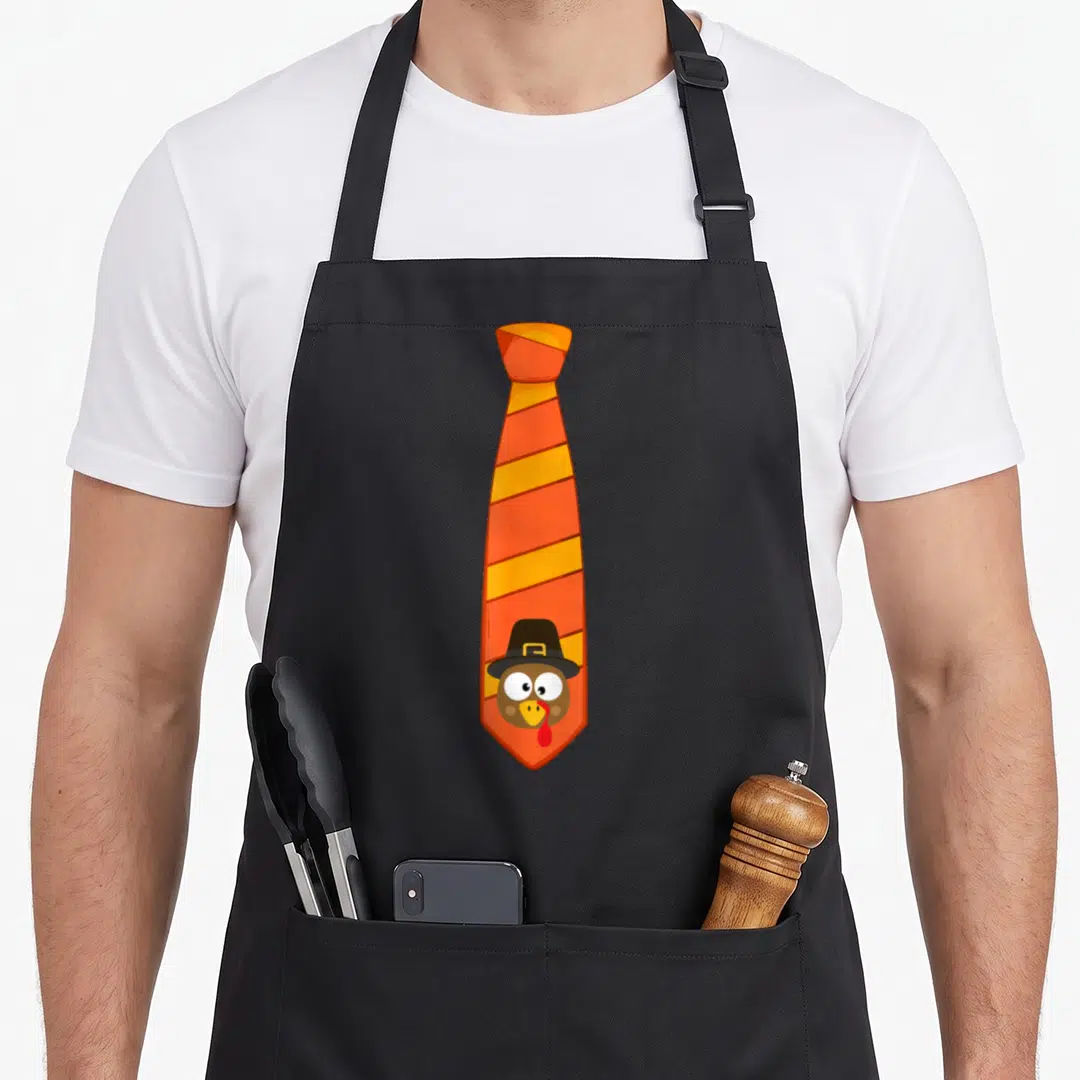 Tie thanksgiving apron - Striped necktie with cartoon turkey head wearing a pilgrim hat at the bottom tip — shown on a black cotton canvas apron against a white background