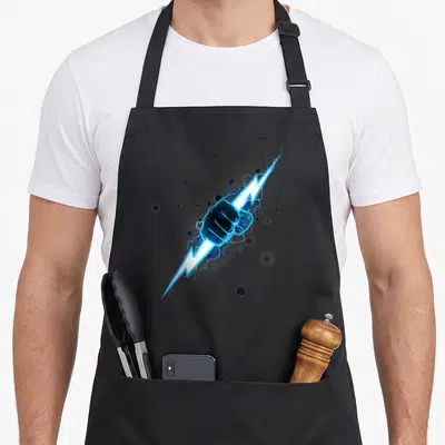 Lightning grade lighting apron - Realistic blue and white fist gripping a diagonal lightning bolt surrounded — shown on a black cotton canvas apron against a white background