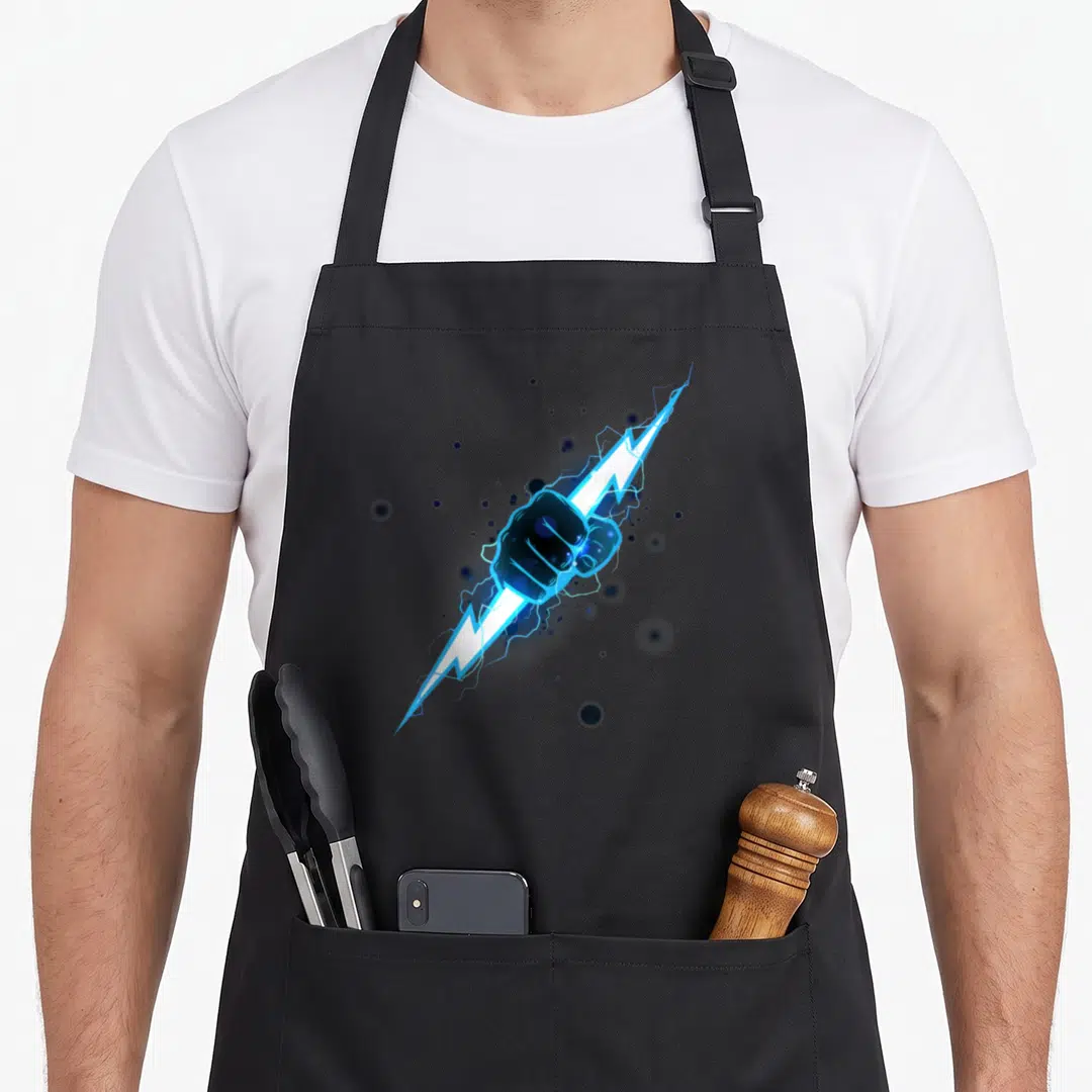 Lightning grade lighting apron - Realistic blue and white fist gripping a diagonal lightning bolt surrounded — shown on a black cotton canvas apron against a white background