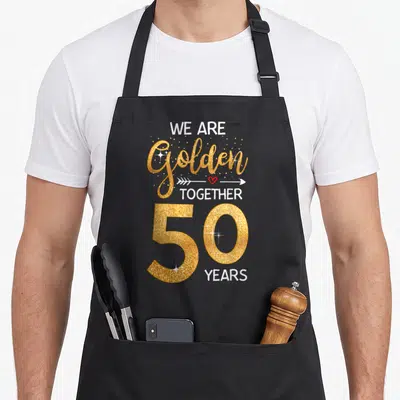 Together wedding aprons - WE ARE golden TOGETHER 50 YEARS text with red heart arrow and gold glitter effect — shown on a black cotton canvas apron against a white background