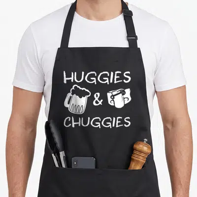 Diaper pregnancy by company apron - White line art of beer mug and diaper with Huggies Chuggies text — shown on a black cotton canvas apron against a white background