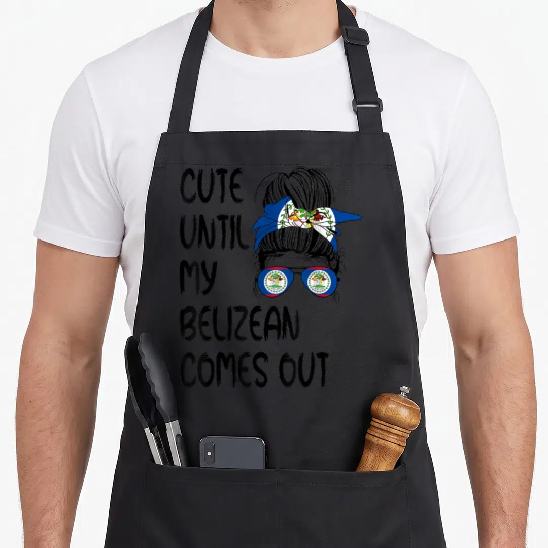 Come belize apron - Text stacked left next to woman wearing Belizean flag headband and sunglasses — shown on a black cotton canvas apron against a white background