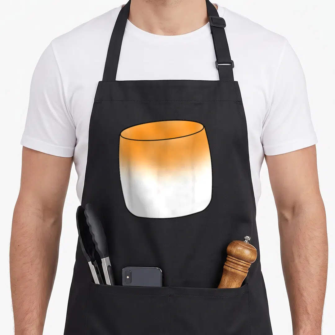 Marshmallow halloween apron - Centered candle illustration with orange top fading to white bottom on canvas fabric — shown on a black cotton canvas apron against a white background