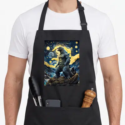 Japanese van gogh apron - Godzilla on brown rocks under a swirling blue and yellow starry night sky — shown on a black cotton canvas apron against a white background