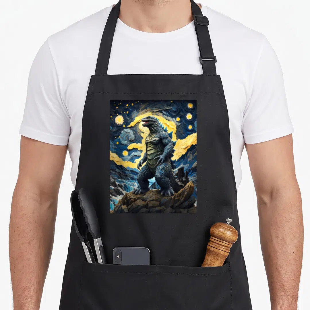Japanese van gogh apron - Godzilla on brown rocks under a swirling blue and yellow starry night sky — shown on a black cotton canvas apron against a white background