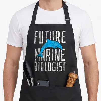Marine biology science apron - Blue dolphin silhouette over white distressed FUTURE MARINE BIOLOGIST text — shown on a black cotton canvas apron against a white background
