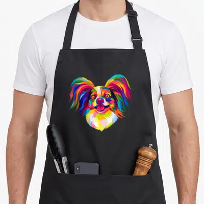 Pop papillon dog apron - Multicolored cartoon papillon dog head with long ears in blue, red, yellow, green, and pink — shown on a black cotton canvas apron against a white background