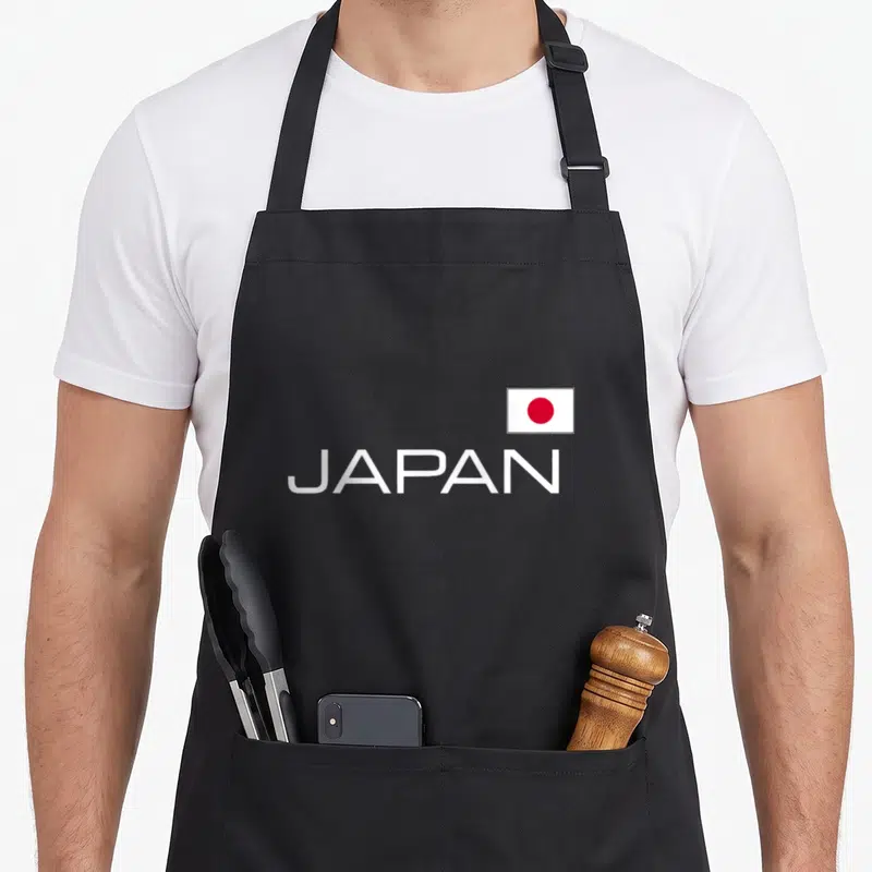National japan apron - White JAPAN text with red circle flag icon positioned above the lettering — shown on a black cotton canvas apron against a white background