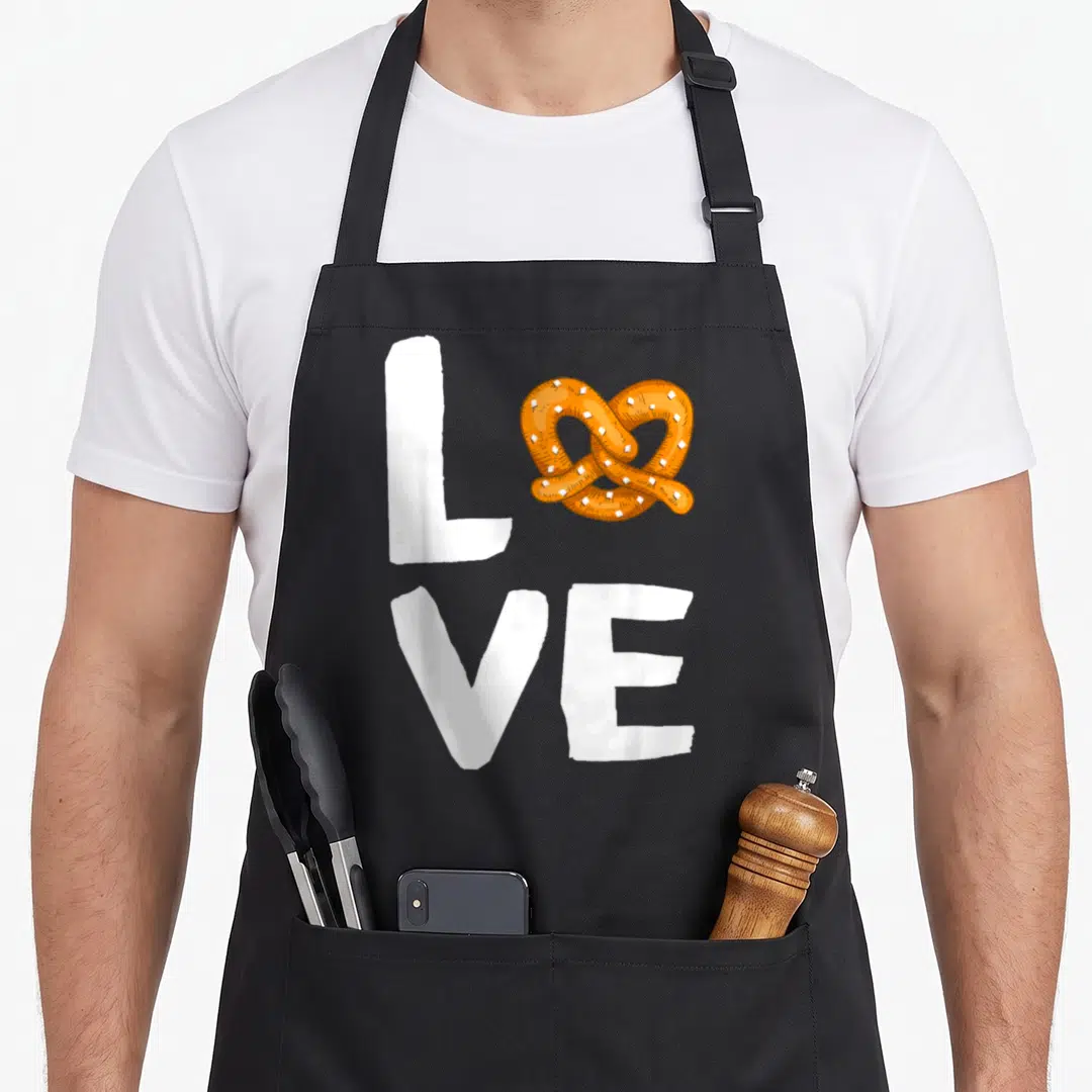 Pretzel office apron - Cartoon pretzel replacing the letter O in white vertical LOVE text — shown on a black cotton canvas apron against a white background