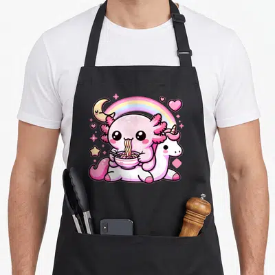 Kawaii axolotl anime apron - Pink axolotl holding noodle bowl on white unicorn with rainbow, moon, hearts, stars — shown on a black cotton canvas apron against a white background