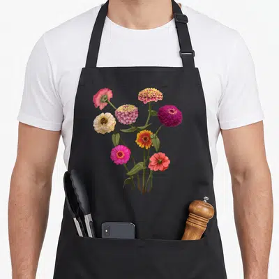 Zinnia nature graphic apron - Seven zinnias in pink, yellow, purple, red, and green arranged vertically on green stems — shown on a black cotton canvas apron against a white background
