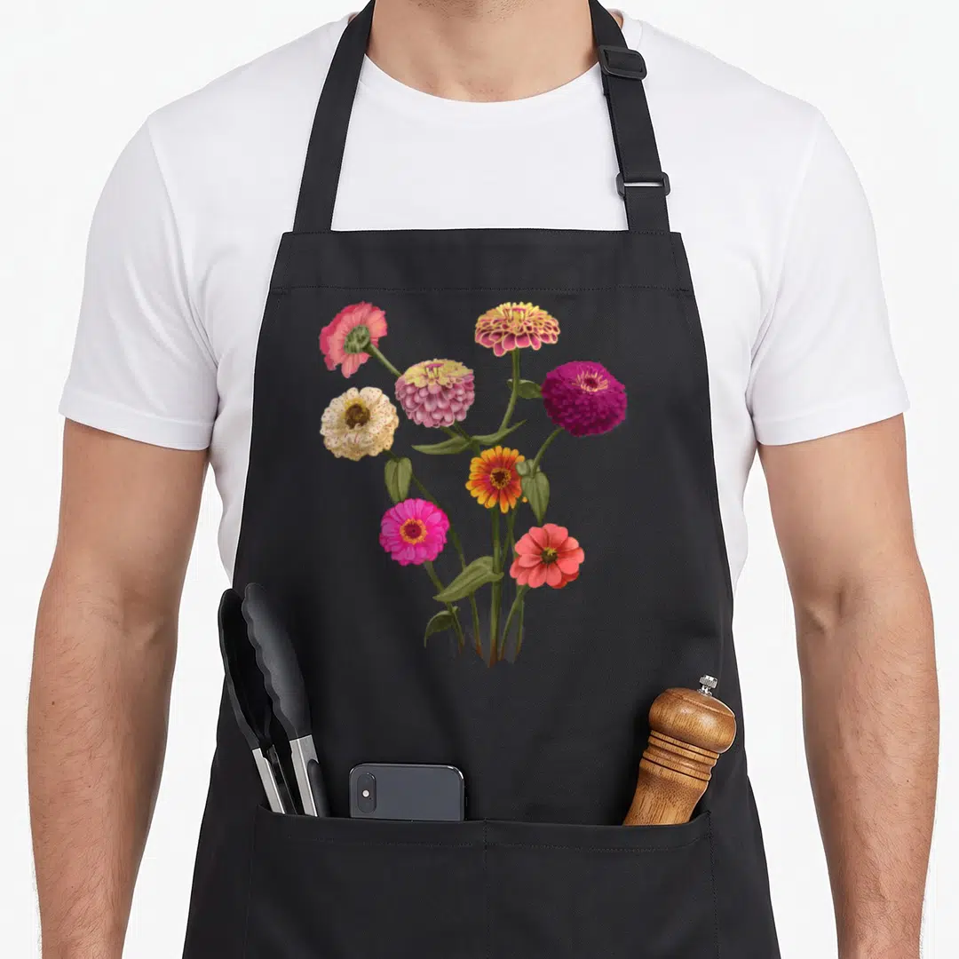 Zinnia nature graphic apron - Seven zinnias in pink, yellow, purple, red, and green arranged vertically on green stems — shown on a black cotton canvas apron against a white background