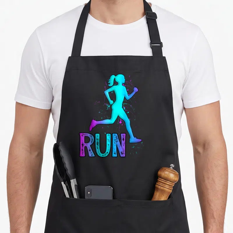 Running lvgteam apron - Blue purple gradient running woman silhouette above distressed RUN text with splatter effects — shown on a black cotton canvas apron against a white background