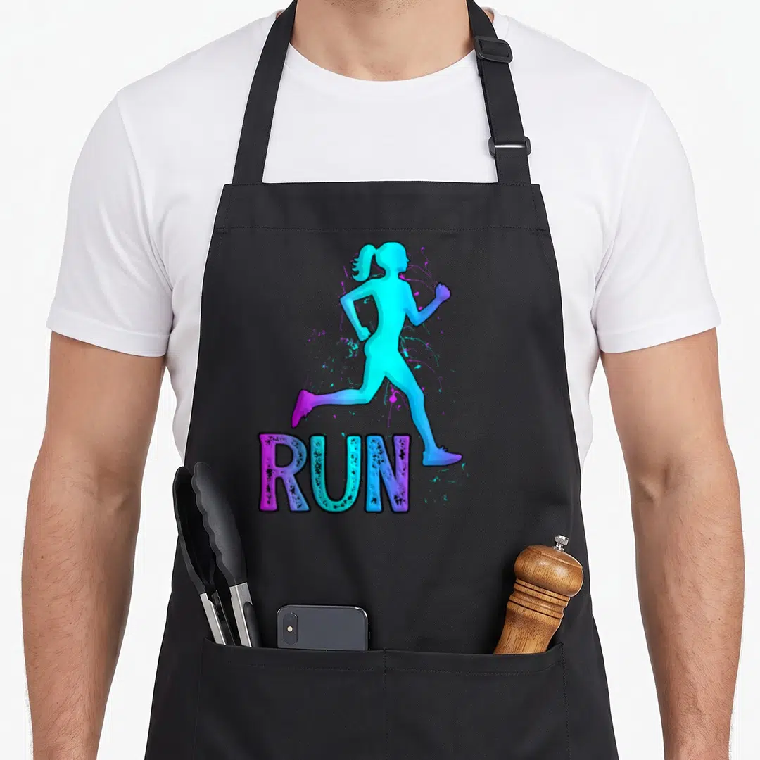 Running lvgteam apron - Blue purple gradient running woman silhouette above distressed RUN text with splatter effects — shown on a black cotton canvas apron against a white background