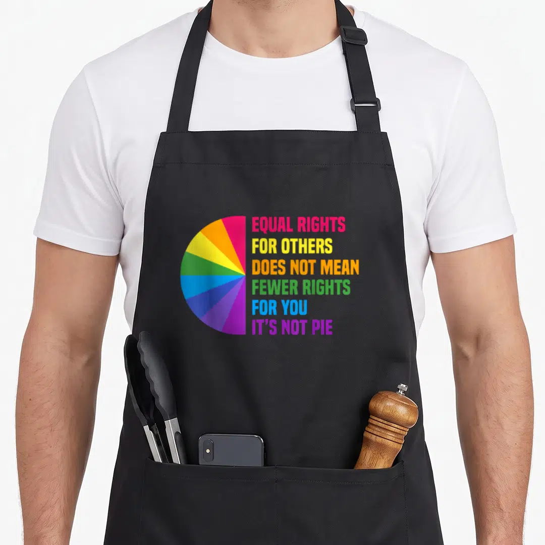 Gender pride apron - Rainbow pie chart next to stacked text reading Equal Rights For Others Does Not Mean Fewer Rights — shown on a black cotton canvas apron against a white background