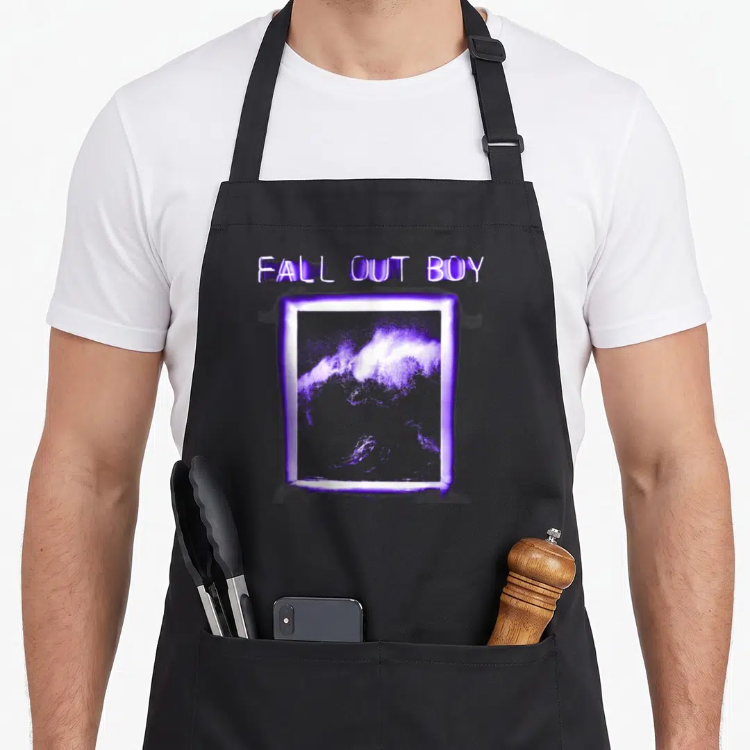 Neon fall apron - FALL OUT BOY text above glowing purple square frame with abstract cloud shape — shown on a black cotton canvas apron against a white background
