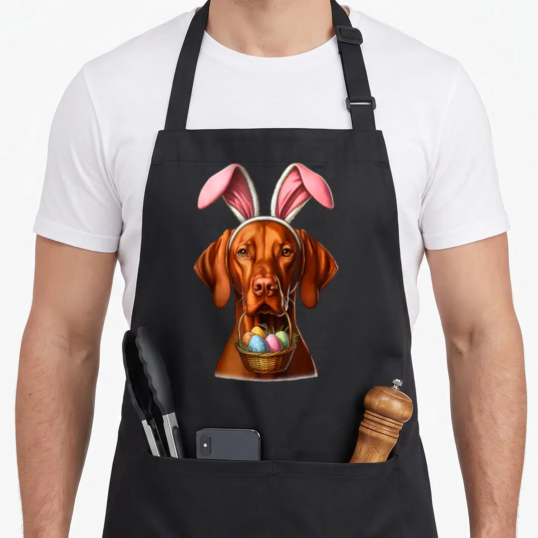 Vizsla easter bunny aprons - Realistic brown dog wearing pink bunny ears holding a basket of colorful eggs — shown on a black cotton canvas apron against a white background