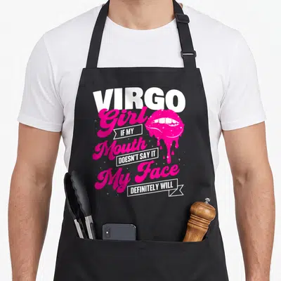 Virgo astrology zodiac aprons - Dripping pink lips with white stars and sarcastic Virgo quote text — shown on a black cotton canvas apron against a white background