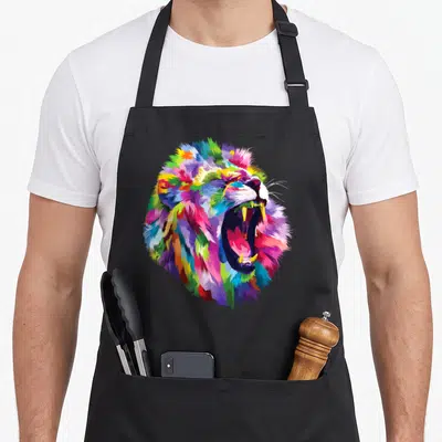 Colourful lion apron - Multicolored cartoon roaring lion head in blue pink yellow green purple — shown on a black cotton canvas apron against a white background