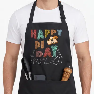 Symbol pie apron - HAPPY PI DAY text surrounding a cartoon pie slice with scattered white math formulas and graphs — shown on a black cotton canvas apron against a white background