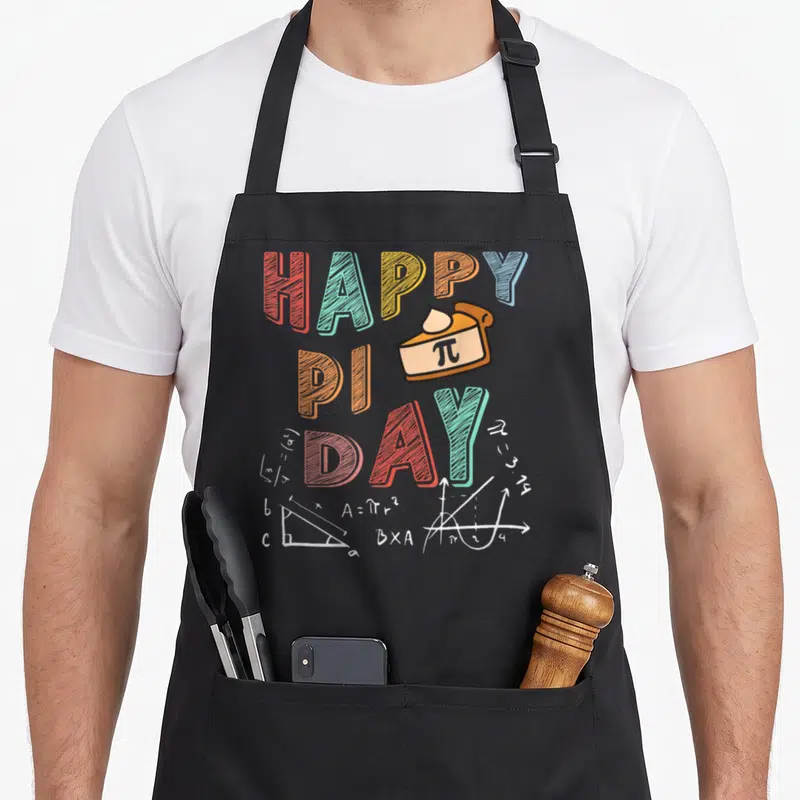 Symbol pie apron - HAPPY PI DAY text surrounding a cartoon pie slice with scattered white math formulas and graphs — shown on a black cotton canvas apron against a white background