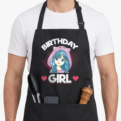 Manga anime mom apron - Birthday Girl text over blue-haired anime girl in purple hood flanked by two pink hearts — shown on a black cotton canvas apron against a white background
