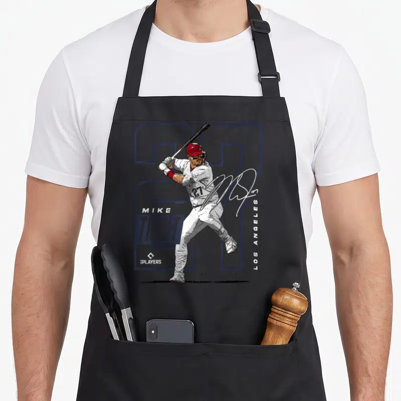 Mike baseball apron - Mike Trout batting stance with 27 and signature in distressed blue red white — shown on a black cotton canvas apron against a white background