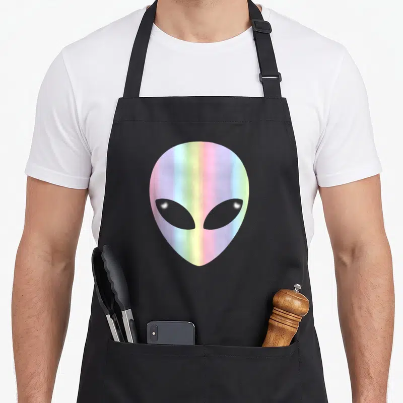 Funny alien colorful aprons - Rainbow gradient alien head in pink, yellow, green, blue, and grey with minimalist style — shown on a black cotton canvas apron against a white background