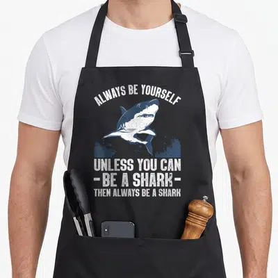 Biology megalodon apron - Distressed white and blue shark swimming over seaweed with text always be yourself unless you — shown on a black cotton canvas apron against a white background