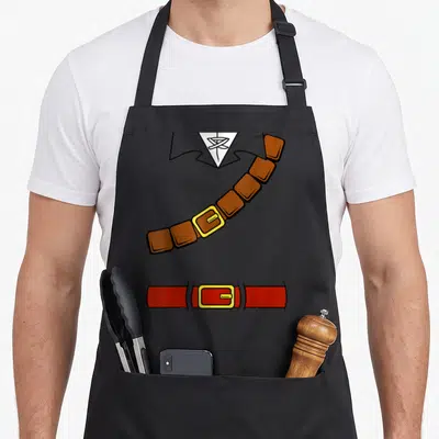 Link basic apron - Cartoon brown and red segmented belts with yellow buckles over grey collar and white tie — shown on a black cotton canvas apron against a white background