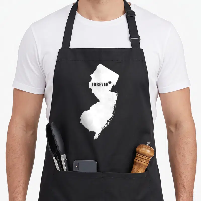 Jersey forever pride apron - White New Jersey map silhouette with grey FOREVER text and small heart inside — shown on a black cotton canvas apron against a white background