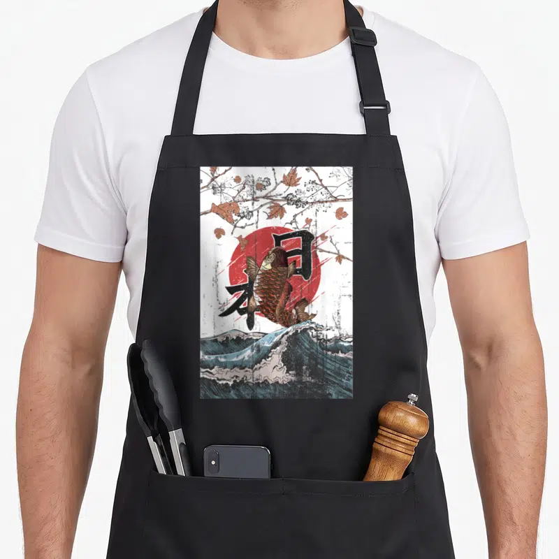 Kimono japan apron - Realistic koi fish jumping from blue waves in front of a red sun and black kanji characters framed — shown on a black cotton canvas apron against a white background