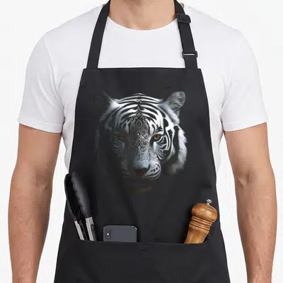 Artwork mandala animal apron - Realistic white tiger head with grey and black mandala patterns integrated — shown on a black cotton canvas apron against a white background